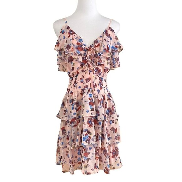 REBECCA MINKOFF MARLA PINK FLORAL RUFFLE LACE UP LAYERED MINI CHIFFON DRESS - Picture 1 of 9